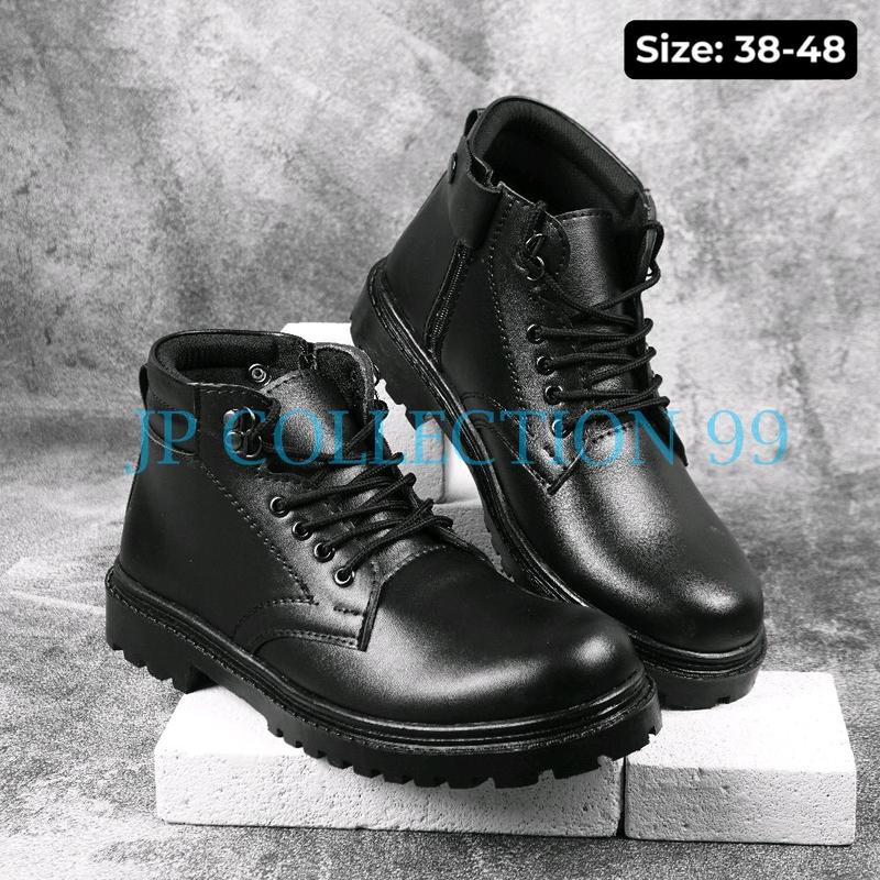 Sepatu Pdh Pria Tali + Resleting Pria POLRI TNI SECURITY Dinas Doop&Mengkilap Size 38-48 Hitam Boots Kerja Pantofel Shoes 1