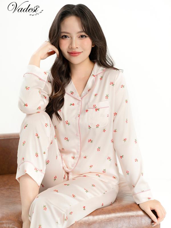 Bộ quần dài tay dài pijama Vadesi mẫu Hoa Hồng Cam chất liệu lụa cao cấp sang mát nhẹ mềm mại