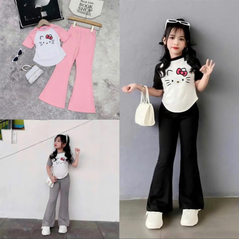  4-14 TUỔI Bộ quần áo trẻ em cộc tay in hình mèo chất vải tăm lạnh phối quần ống loe co giãn thoải mái M48 