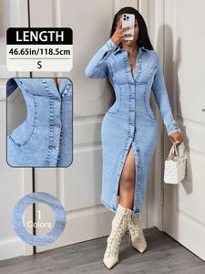 Vestido elegante de verano para mujer, vestido vaquero ajustado de manga larga, color sólido casual, diseño con botones delanteros, uso diario