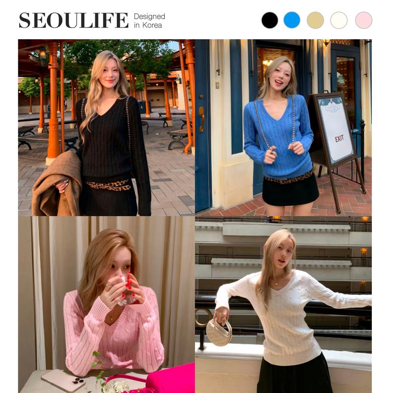 SEOULIFE | Áo Cardigan len dệt kim dài tay cổ V họa tiết đan dây phong cách Hàn Quốc năng động thu đông 2026. Dễ phối đồ đi du lịch, đi làm, hẹn hò. Tôn dáng, tôn da. Thoáng khí, chống nắng. Màu xanh dương ,Trắng ,Màu hồng và đen.