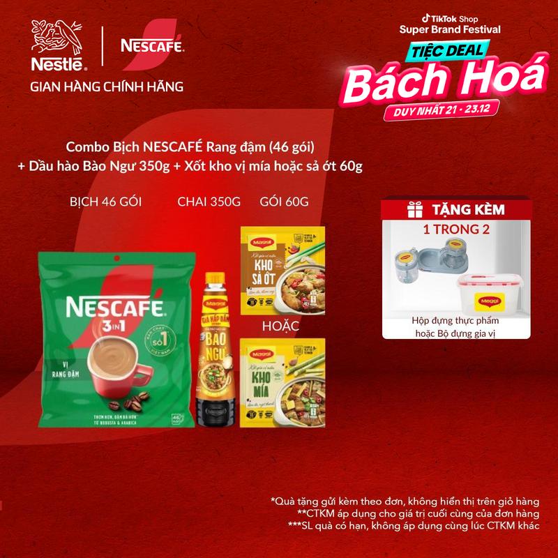 Voucher giảm thêm 15% Nestle VN Combo Bịch Cà hòa tan NESCAFÉ vị Rang Đậm Bịch 46 gói x 16g + Chai Dầu Hào Cao Cấp MAGGI Bào Ngư Mới 350g + Gói xốt nền gia vị giao ngẫu nhiên vị kho Mía hoặc Sả Ớt 60g
