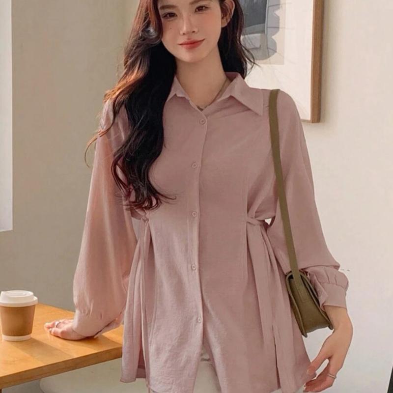 Kemeja Sakura Polos Atasan Wanita Oversize Bahan Crinkle Korean Style Terbaru kancing Panjang Baju Fit Tangan 5