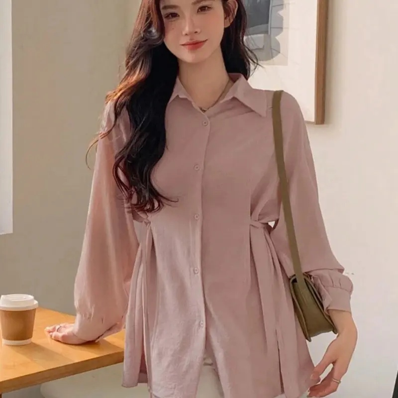 Kemeja Sakura Polos Atasan Wanita Oversize Bahan Crinkle Korean Style Terbaru kancing Panjang Baju Fit Tangan 5