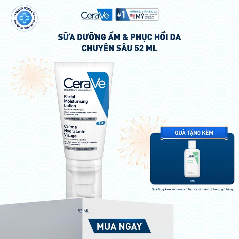DEAL HOT Sữa dưỡng ẩm ban đêm Cerave PM Facial Moisturiz Lot 52ML. Sữa dưỡng dành cho da mặt dạng gel siêu mỏng nhẹ thấm nhanh giúp cấp ẩm và phục hồi hàng rào bảo vệ da suốt dêm_Chăm sóc da_Kem dưỡng ẩm da mặt_Skincare cho Nam và Nữ_Lotion