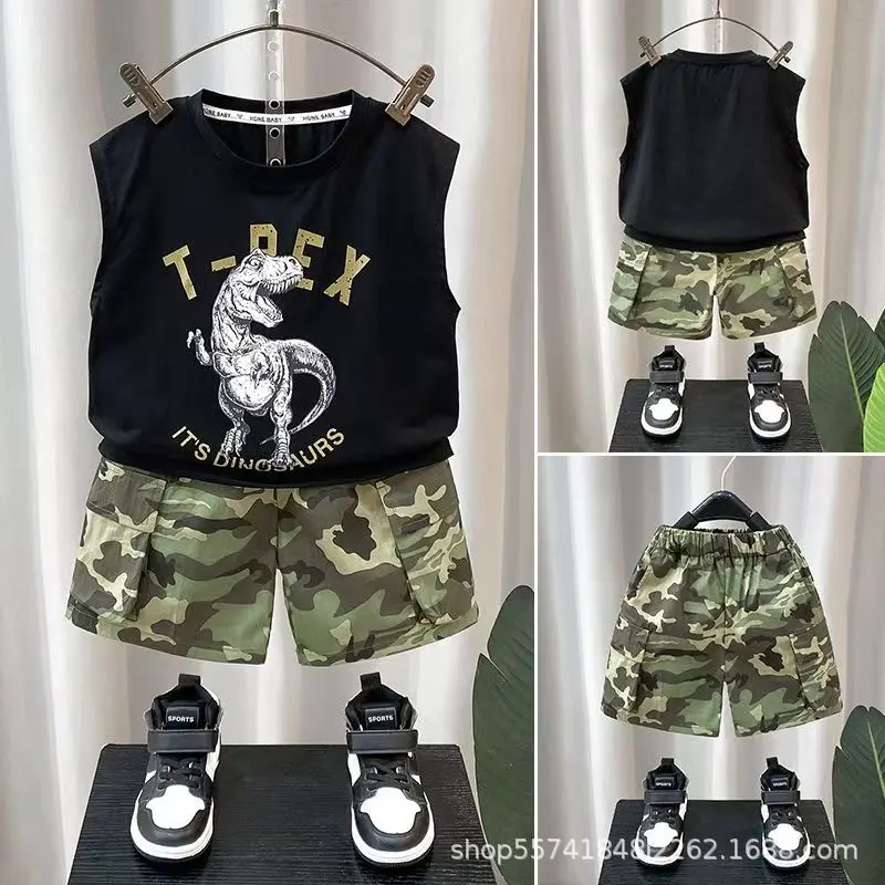 SETELAN BAJU ANAK SINGLET SANTAI T-REX DINOSAURUS ARMY