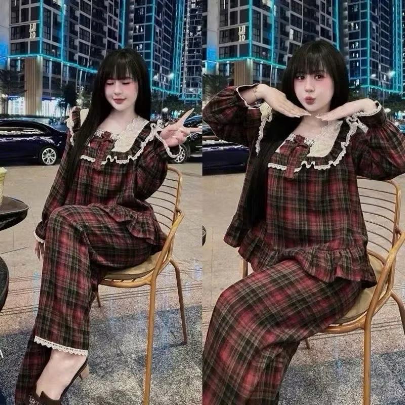 Set đồ bộ tiểu thư áo vuông phối ren kèm quần sọc phối viền bèo xinh xắn