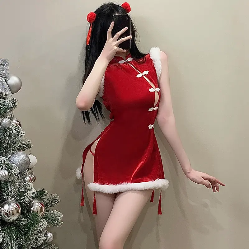 Lady's pure Christmas uniform, sexy lingerie with backless cheongsam-style dress, New Year role-playing COS costume set