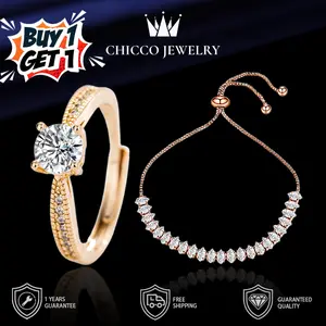 【BUY 1 GET 1】Cincin dan Gelang Zirkon Simpel Warna Emas Mawar Penuh Berlian Geometris Cocok untuk Sehari-hari Pesta Hadiah Pernyataan Cinta CHIC&CO Adjustable Aksesoris anti luntur anti perubahan warna Garansi 1 Tahun gelang tangan 142 SL11