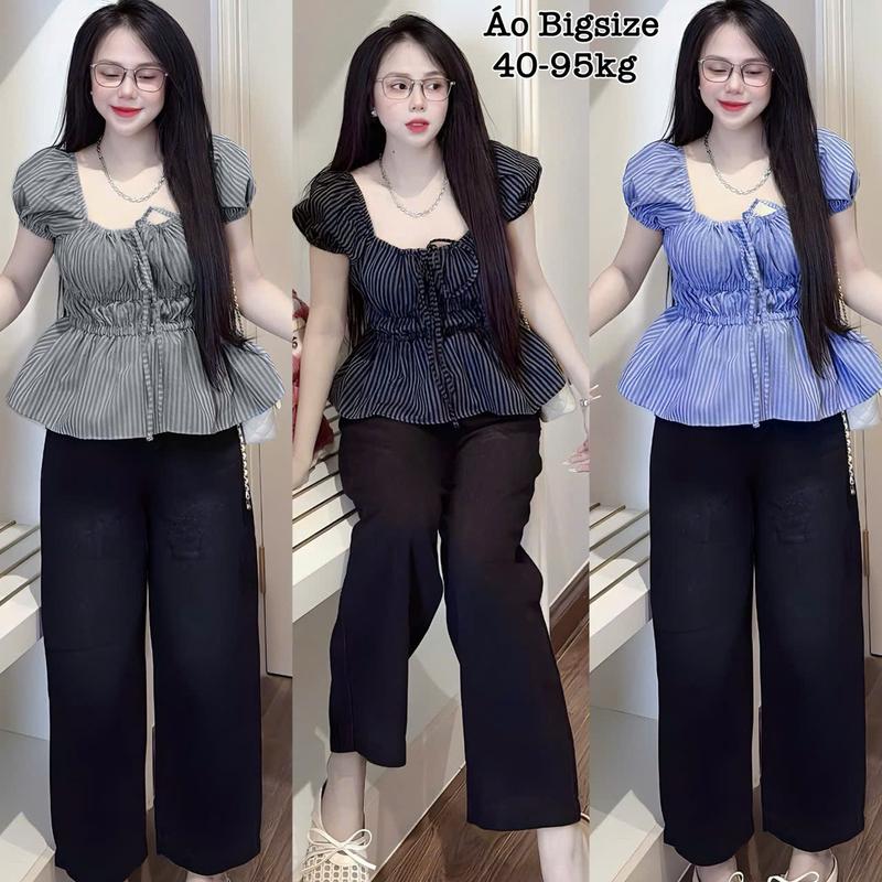Áo Babydoll Nữ Bigsize Cổ Vuông Hở Vai Tay Phồng Tiểu Thư Công Chúa Xinh Đẹp Cho Nàng Chuppy Cao Cấp Dễ Thương Freesize 50-95kg Top Áo Baybydoll Ao Babytee - 2419 Chất Liệu Lụa Sọc Cao Cấp Mềm Mịn Mát Size M L XL XXL Thoitrangbigsize Bigsizefashion