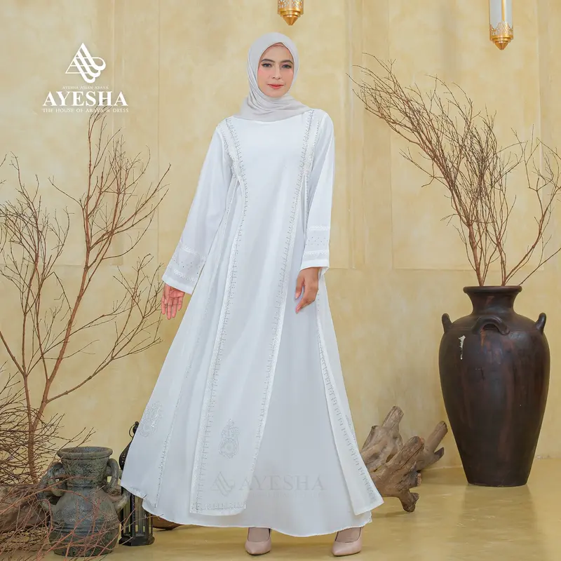 AYESHA Gamis Putih Wanita Kekinian Abaya Turkey Terbaru Mewah Elegan Premium 044 Putih 3