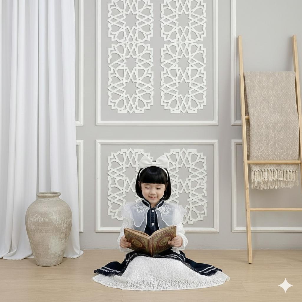 Nazella Gaun Jeans Snow Black Organza Farian Belt Putih untuk Anak Perempuan Usia 3-10 Tahun Baju Muslimah Lengan Panjang Kekinian Terbaru Viral 2026