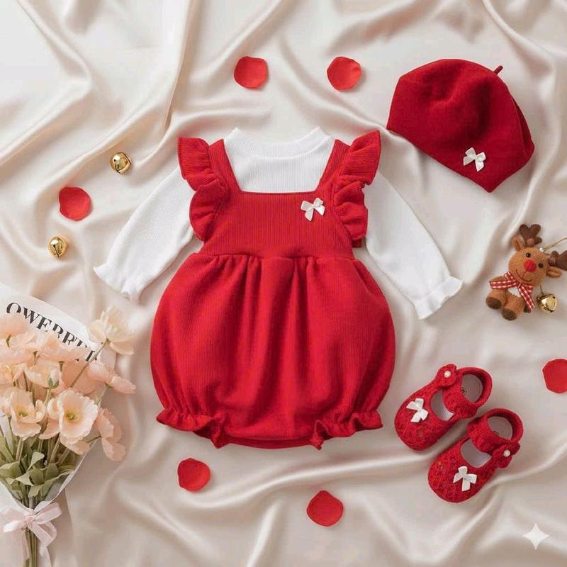  Body Yếm Nhung Len Đỏ Áo Trắng Kèm Mũ Nồi 3-11 Kg,Body Cho Bé Gái Đầy Tháng Thôi Nôi Chất Mềm Mịn 