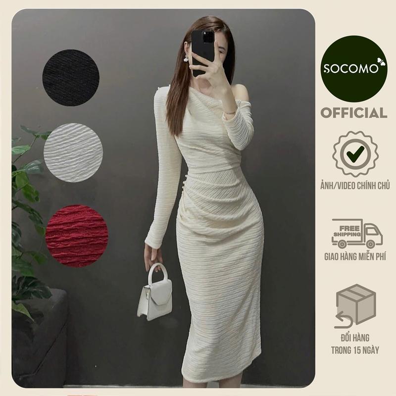 Socomo Váy đầm body thiết kế lệch vai cúc ngọc li eo V1322023 Top Women Dress Đen Kem Nhung