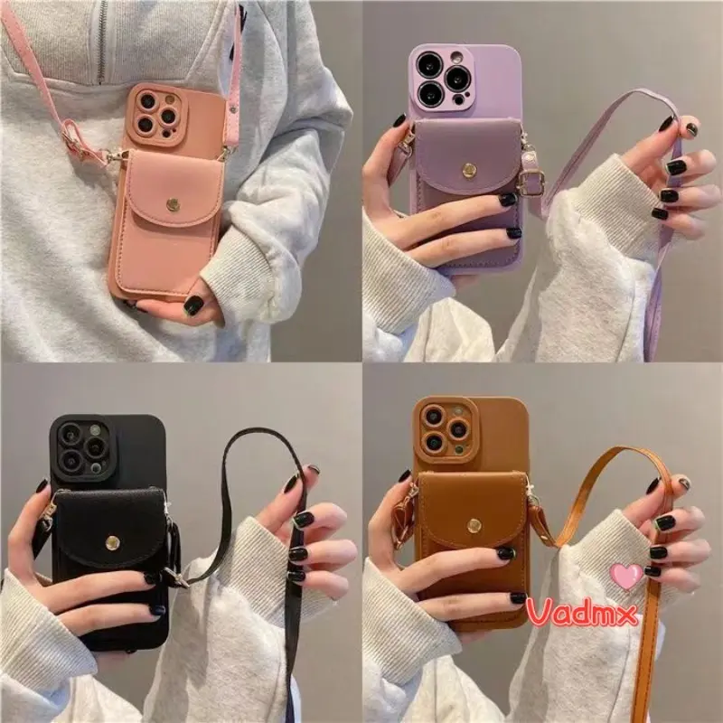 Card Wallet Casing For iPhone 15 14 13 12 11 Pro Max 15 14 Plus 13 12 Mini XR XS Max X 8 7 SE 2022 2020 Cute Silicone Back Cover With Solid Flap Card Holder Wallet With Long Lanyard Soft Case