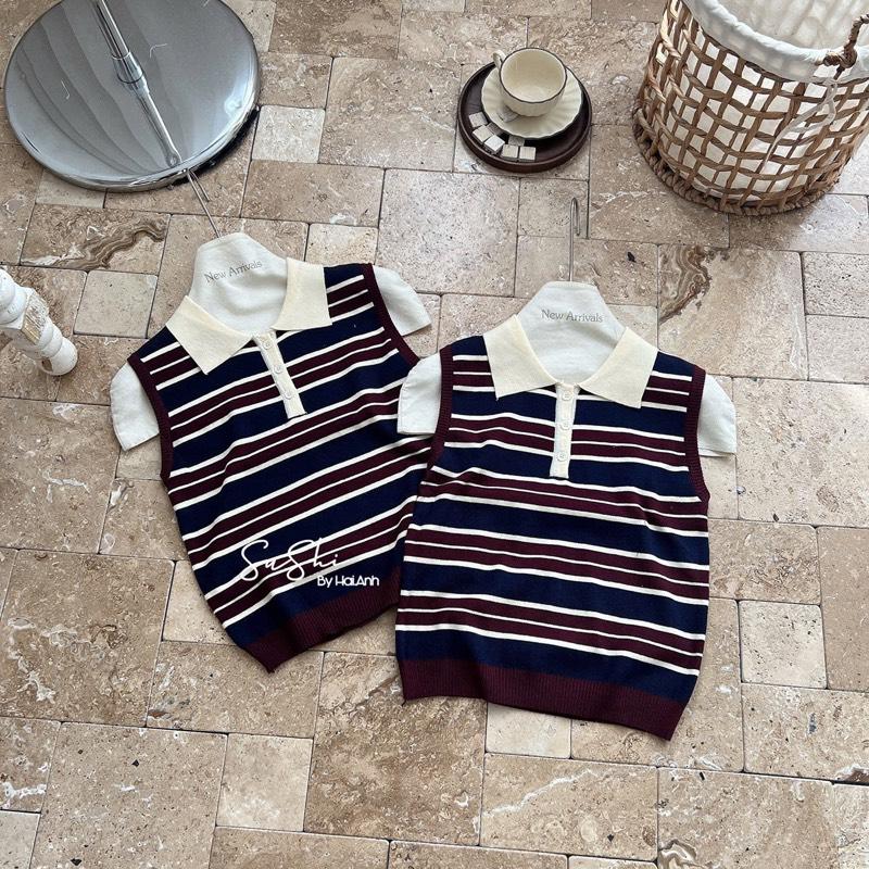 Áo 3 Lỗ Cổ Bẻ Phối Kẻ,Chất Len Motogi Chất Liệu Co giãn Hàng QC Nữ (M03)