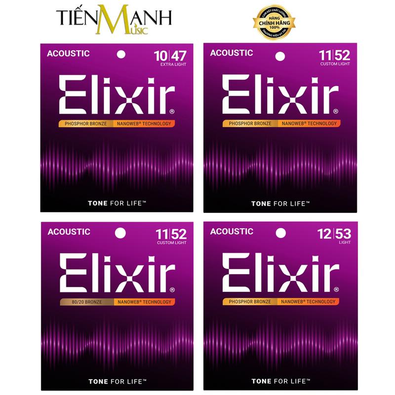   Chính Hãng  Dây Đàn Guitar Acoustic Elixir 16002 16027 16052 11002 11027 11052 - Phosphor Bronze cỡ 10 11 12 