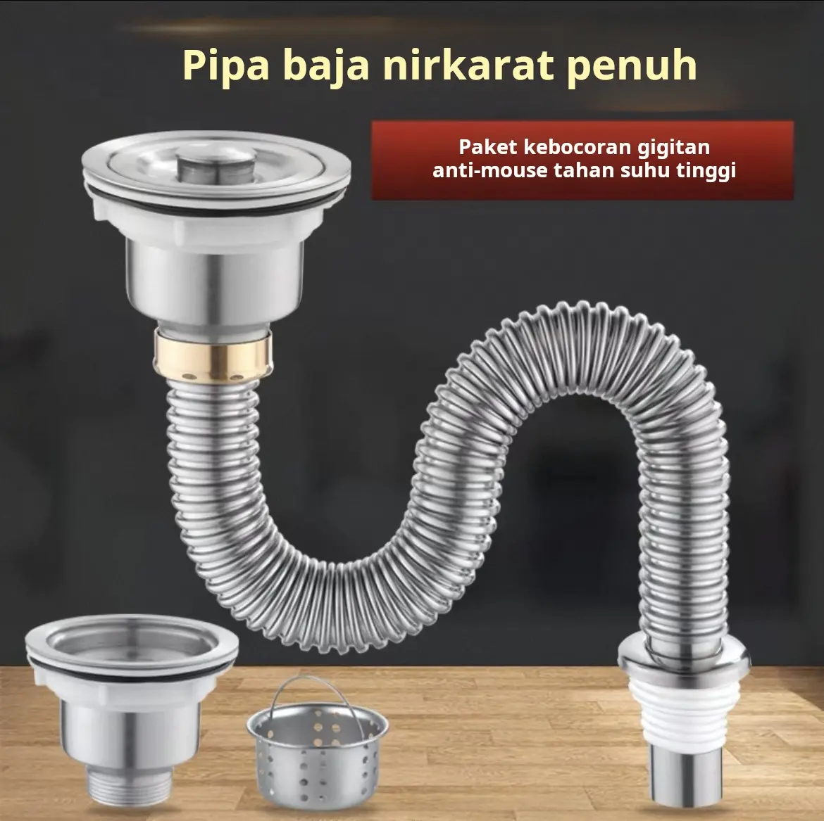 Selang pembuangan wastafel stainless steel, set pipa pembuangan stainless steel 304, anti-tikus