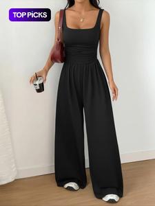 Mono casual de punto liso para mujer, con escote cuadrado, moda cómoda y sencilla, versátil con pierna ancha