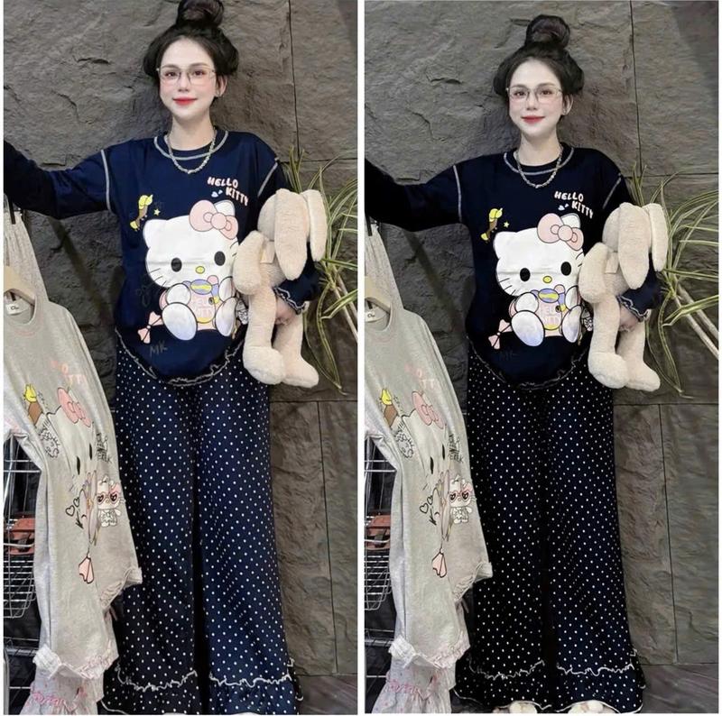  SÉT BỘ NỮ THU ĐÔNG THUN TĂM LẠNH TAY DÀI IN MÈO KITTYY  DỄ THƯƠNG PHỐI QUẦN SUÔNG CHÂM BI DÁNG ĐỨNG THOẢI MÁI TRẺ TRUNG ,THANH LỊCH BIGSIZE Nữ Women 