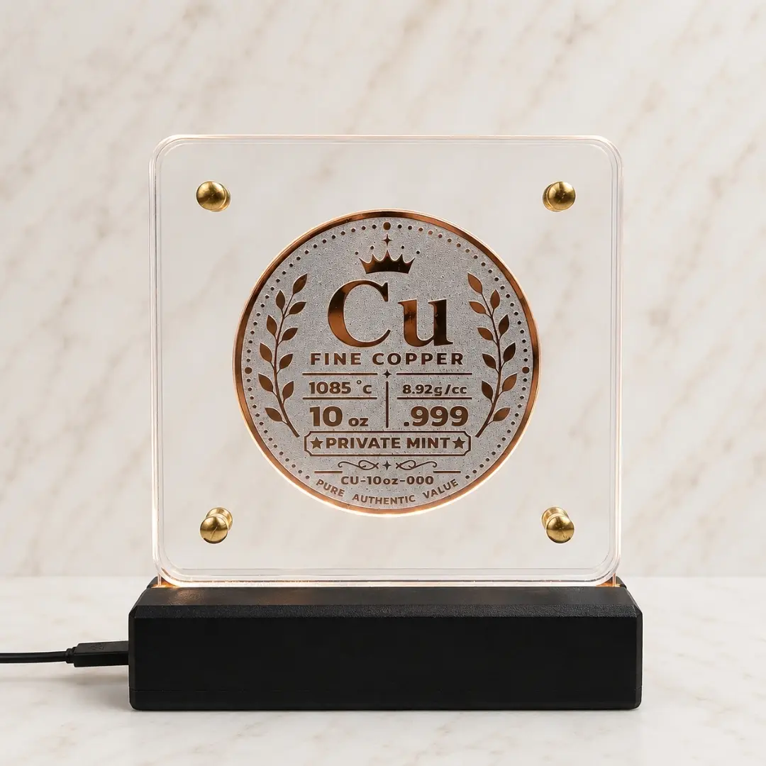 Tembaga Murni 10oz Akrilik Bersertifikat Fine Copper Private Mint Fortune Series 10 oz Standing Acrylic Display Sertificated