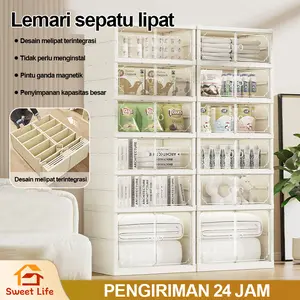 【Tanpa Instalasi】COD Lemari Sepatu Rak Sepatu Susun Lipat Tertutup Bening Lemari Lipat Pintu Magnet Kotak Sepatu Lipat Penyimpanan Putih