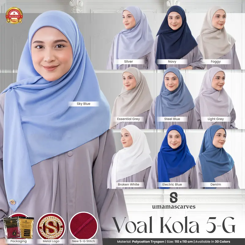 Jilbab Umama Scarf Voal Kola 5-G Metal Logo Jahit110 x110cm Kerudung Polycotton Tryspan 5