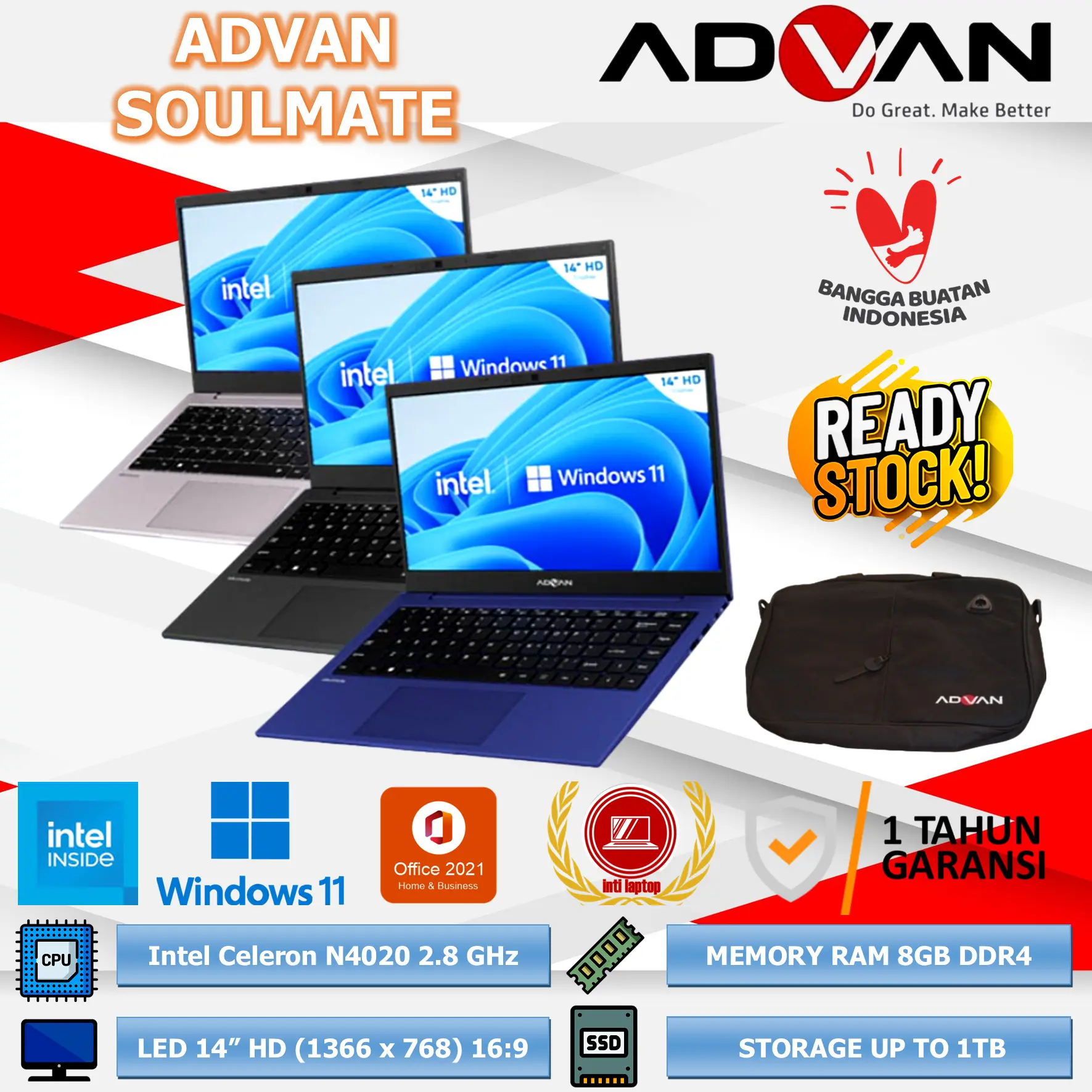 LAPTOP ADVAN SOULMATE N4020 RAM 4GB SSD 128GB 14" HD W11 RESMI