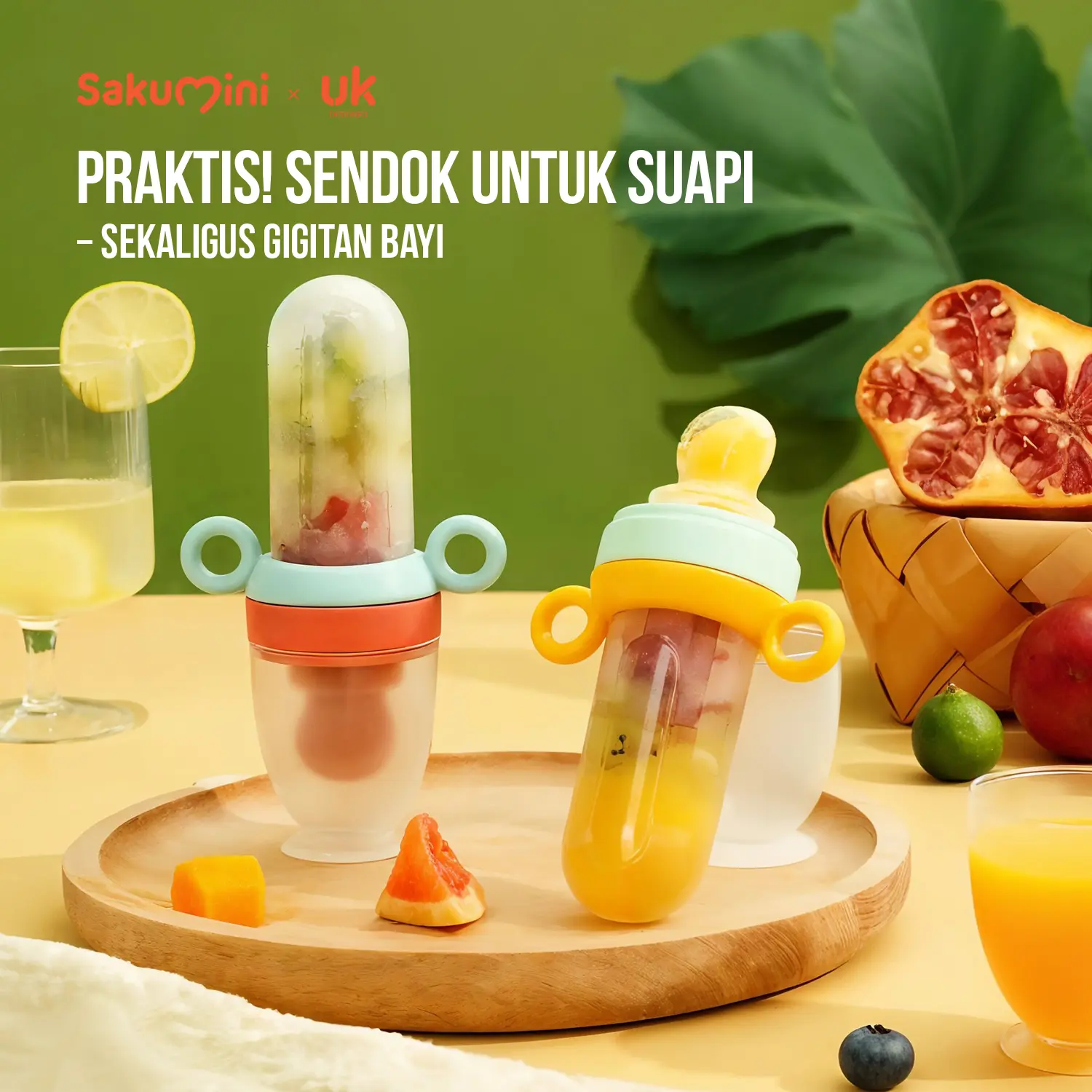Sakumini Squeeze Spoon Fruit Teether Feeder Silicone Sendok Makan Bayi Wadah