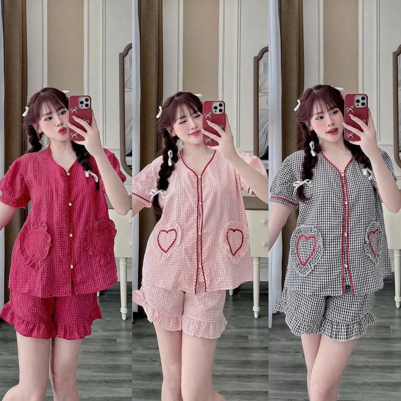 Đồ bộ Pyjama, Set bộ đùi nữ CỘC TAY Kẻ CARO NHÍ PHối Viền REN ĐỎ Túi TRÁI TIM Bánh Bèo Cho Nàng - HẰNG MOON BigSize
