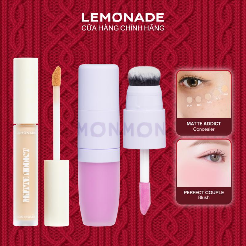 Combo 01 Má kem mịn lì thuần chay Lemonade Perfect Couple Blush 8.5g và Kem che khuyết điểm kiềm dầu bền màu Lemonade Matte Addict Concealer 3g