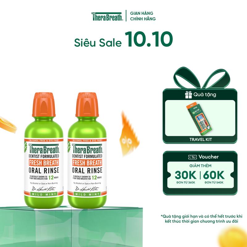 Bộ 2 Nước Súc Miệng TheraBreath Mild Mint - Không cồn, không cay - Làm sạch và thơm miệng cho răng miệng nhạy cảm