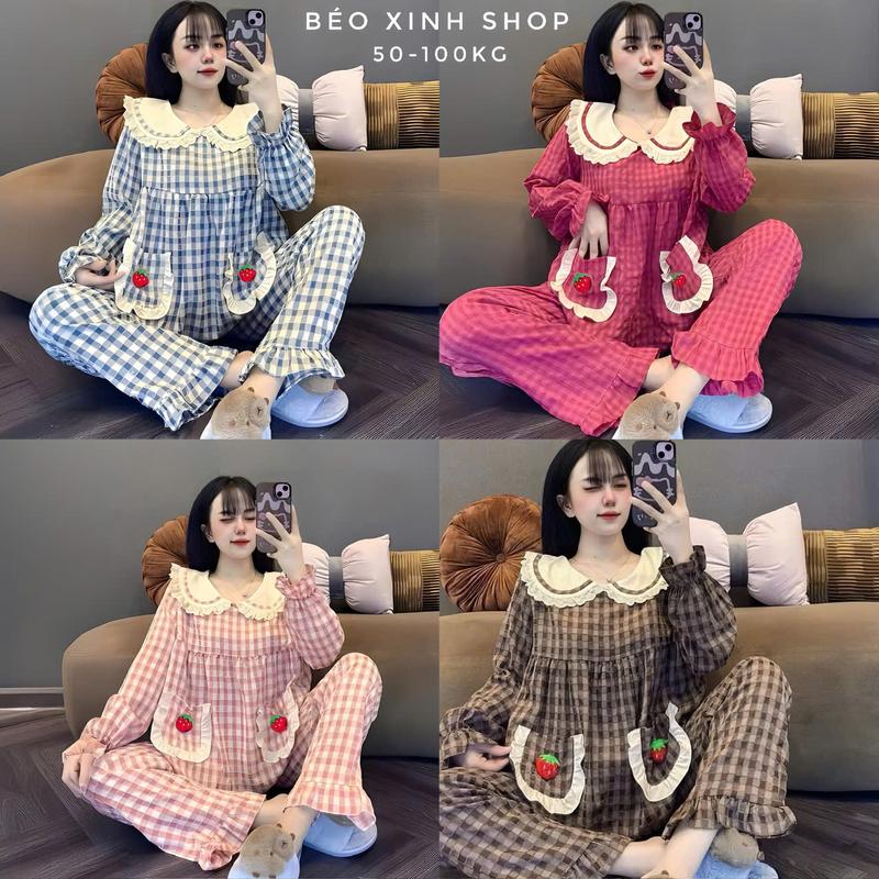 Xả Kho Đồ Bộ - Đồ Ngủ Tay Dài Quần Dài Vải Đũi Caro Tiểu Thư Pijama Bigsize 50-100kg Bộ Ngủ Nữ Áo Ngủ Women Quần Ngủ - A.5644