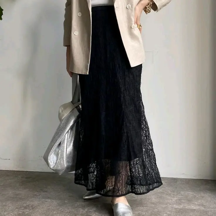 Rok broklat Rok lace panjnag span wanita Korean lace and lace varsitile Rok Panjang Brokat  Wanita  Motif Bunga Mewah  Nyaman cantik maxi Variasi Coklat Formal