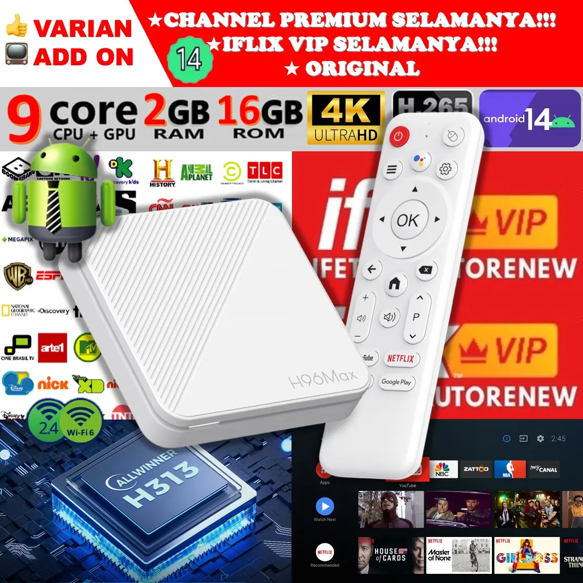 Android Smart TV Box Wifi 4K Ram 2gb Full Channel dan Box Office Movie