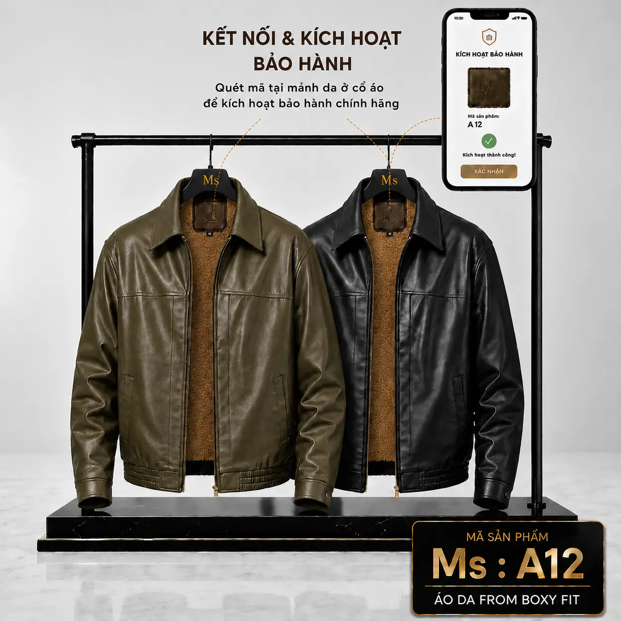 {KOC} Áo da A12 fom áo boxy fit lót lông cừu khóa đồng , kích hoạt bảo hành 12 tháng