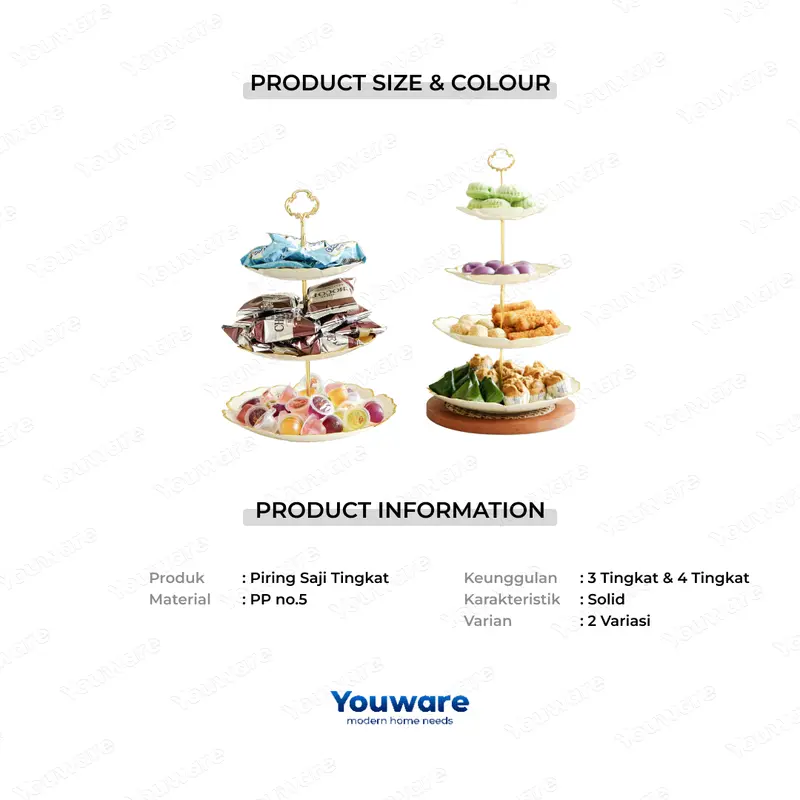 YOUWARE - Hayse Rak Kue Susun 3 Tingkat / 4 Tingkat Detachable Plate Cake Stand Display Plastik Piring Saji 3 Tingkat Susun Lepas Pasang dengan Handle Rak Makan Kue Buah Cake Camilan Rak Kue Cake Emas Aesthetic dan Elegan 7