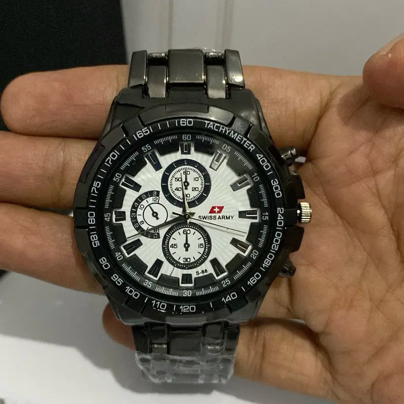 Swiss Army jam tangan Pria Original plat putih Strap Rantai Analog Bonus Batrai Cadangan COD