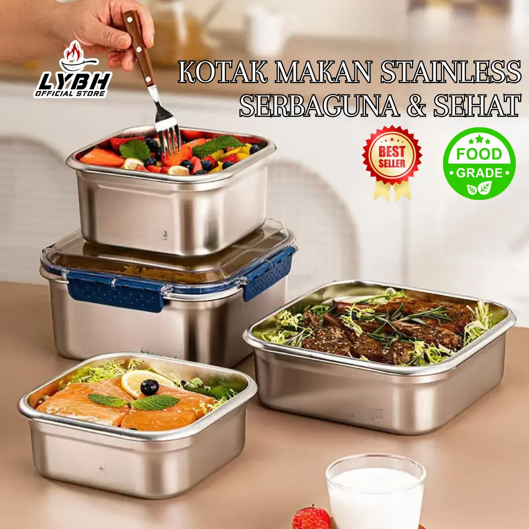 COD【Lunch box】3pcs-nampan sus ES Kotak Makanan Stainless Steel Food Grade Dengan Penutup Kotak Penyimpanan Makanan dari Stainless Steel Tebal dengan Tutupmenggantikan bola baja CleaningKain Sikat Berbahan Kawat Logam Kuat UntukMembersihkan Piring di Dapur