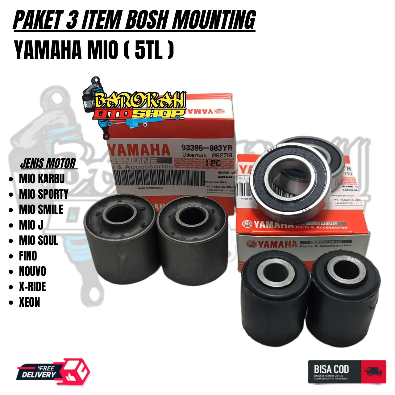 PAKET 3ITEM KARET MONTING & BEARING 6003 & BOSH ARM FINO KARBU MIO SMILE SOUL XRIDE MIO J MIO M3