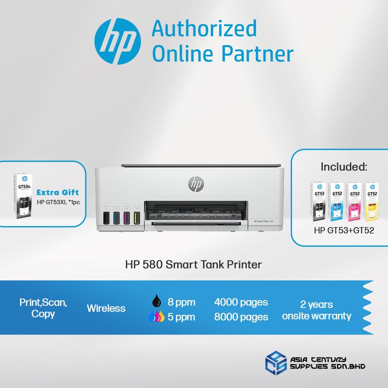 HP Smart Tank 580 Wifi All In One A4 Color Refill Ink Tank Printer ( Print, Scan, Copy, Wireless ) HP GT53 GT52 Ink