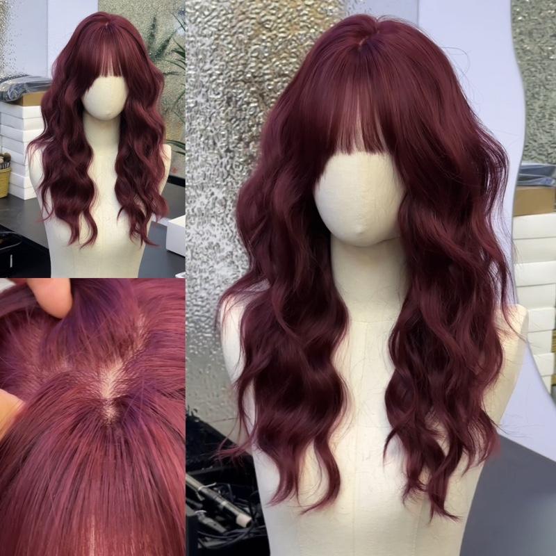 DJ-07 (dệt kim) tóc giả nguyên đầu sóng hippie đỏ mận 50cm