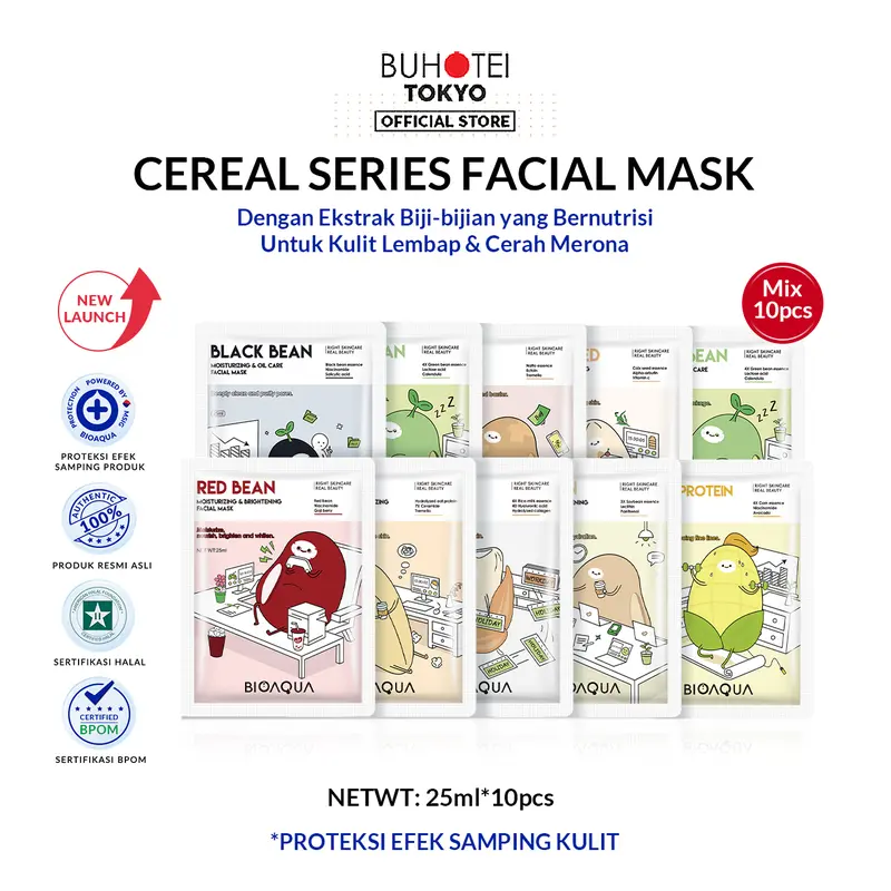 【masker 10pcs set】BIOAQUA Masker Varian Biji Buah/ Cereal Series Facial Mask/Nourishing Series Sheet Masks Pearl / Ginseng / Caviar / Bird's Nest / Black Truffle / Ganoderma Facial Mask 28ml/pcs 2