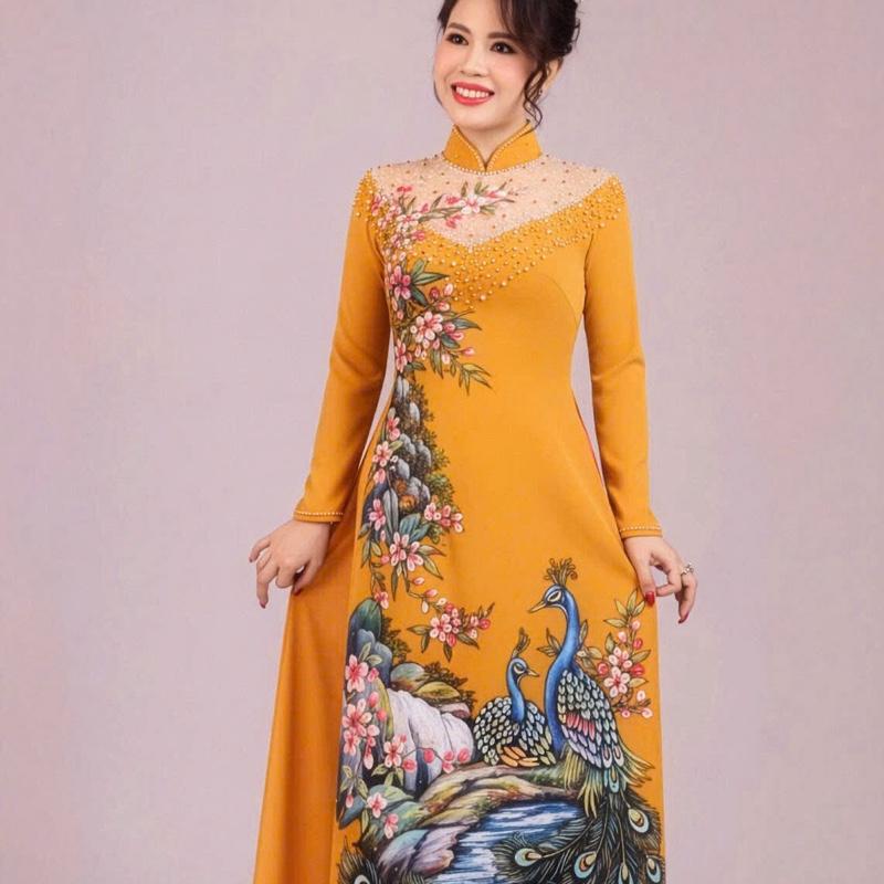 Áo dài tím họa tiết chim công thiết kế độc đáo màu tím sang trọng hoa văn tinh…