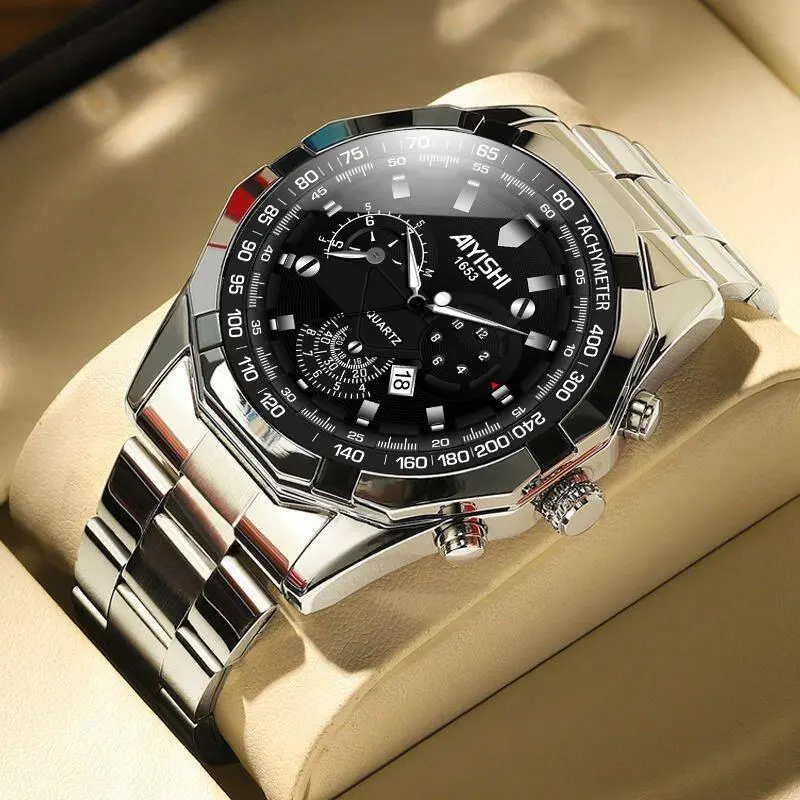 AIYISHI Jam Tangan Pria Mewah & Sporti 1623 Multifungsi Tahan Air 30M Dial Hitam Bodi Stainless Steel Garansi 2 Tahun Kaca Kristal Kuarsa Otomatis AIYISHI Jam Tangan Pria Mewah & Sporti 1623 Multifungsi Tahan Air 30M Dial Hitam Bodi Stainless Steel Garansi 2 Tahun Kaca Kristal Kuarsa Otomatis