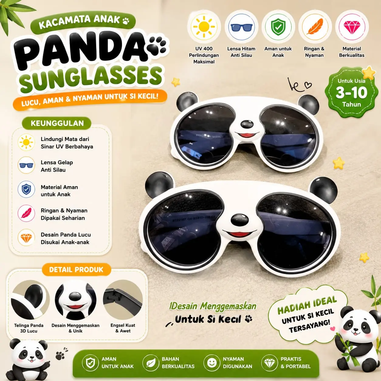 Kacamata Hitam Anak Bentuk Panda Unisex Silikon PC Polarizer AC Fashion Cewek Cowok 47mm x 50mm