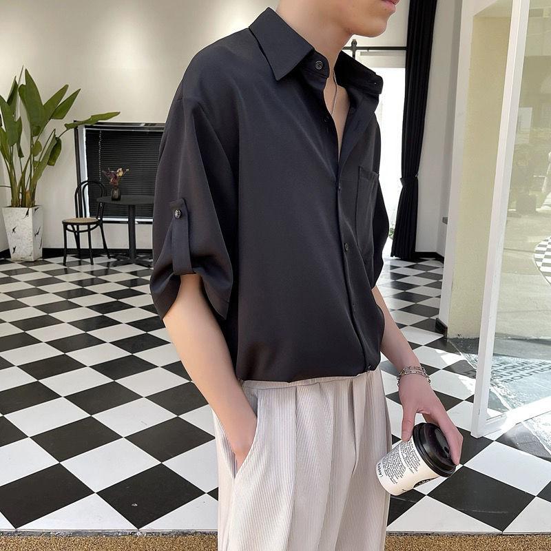 Product Introduction of Summer Ice Silk Thin Shirt Men's Short Sleeve Korean Style Trendy Five-Quarter Sleeve Shirt Mature Style Cool Men's Top Closed 32