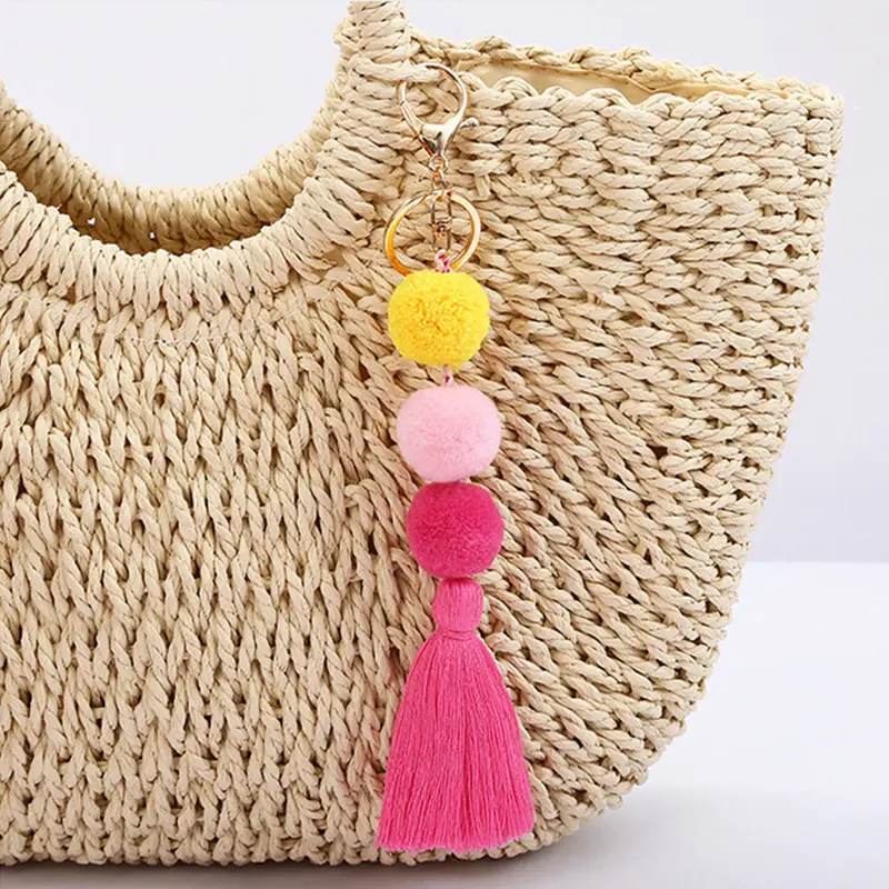 Boho Style Hairball Tassel Keychain Summer Beach Key Chain Colorful Keyring For Women Bag Charms Hanging Pendants Key Holder