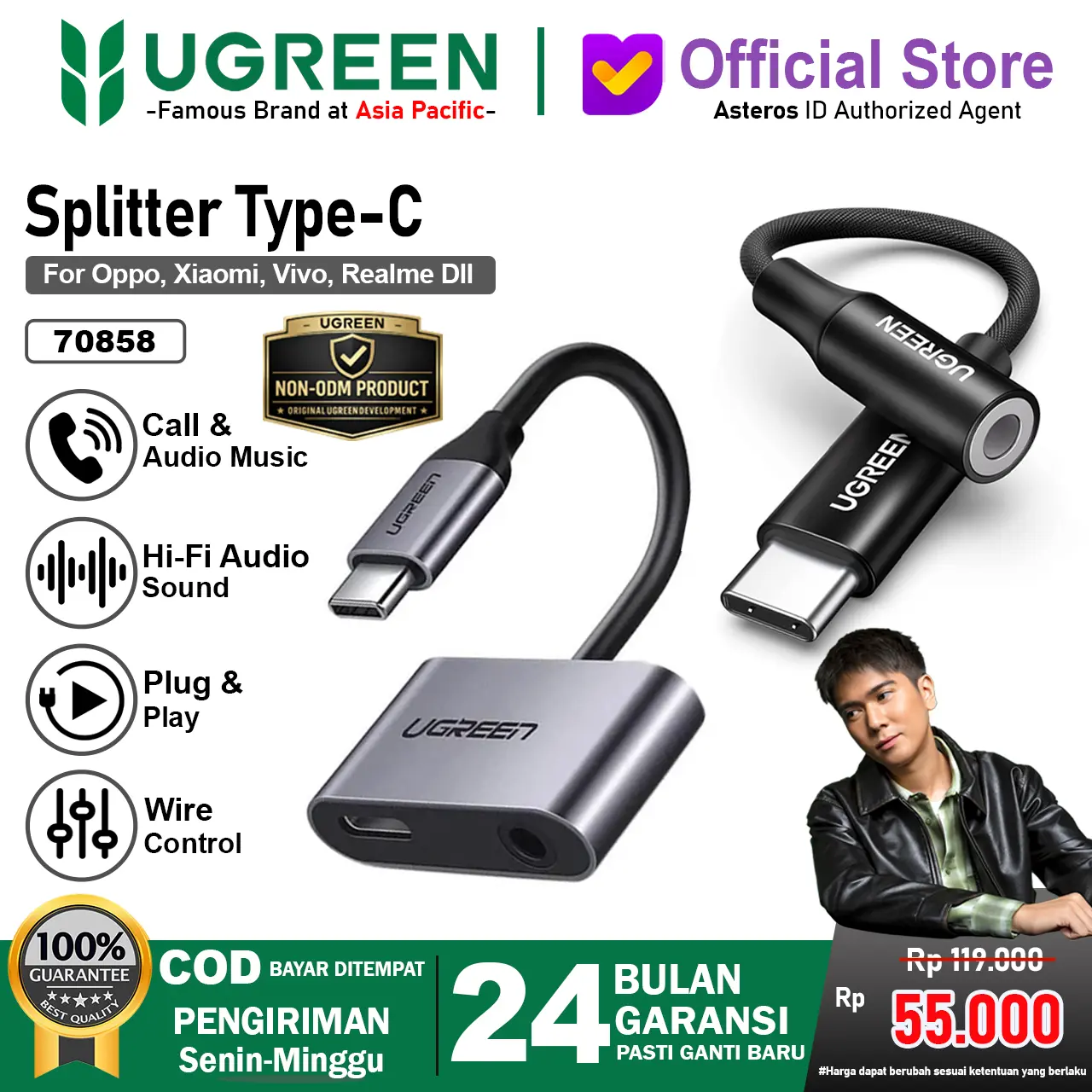 UGREEN Converter Splitter Type C To Jack 3.5mm For Oppo Mi Realme Vivo Audio, Call, Open Mic Game