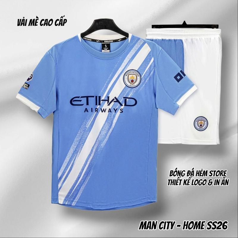 Bộ quần áo bóng đá Man City Xanh vải mè POLY cao cấp, TOP NAM NỮ SPORT Áo Thun